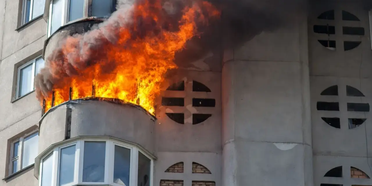 Flammen schlagen aus einem Balkon eines Wohnhauses. Ein Wohnungsbrand kann schnell passieren, eine gute wohnungsbrand versicherung ist wichtig.
