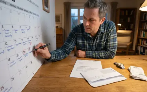 Mann markiert Fristen im Kalender. Was tun, wenn die Versicherung nicht zahlt? Er prüft Dokumente und Belege.