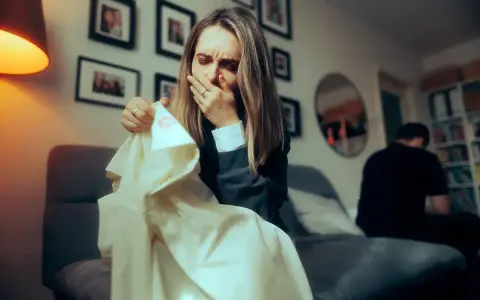 Verzweifelte Frau mit Lippenstiftabdruck auf Kleidung, die auf Ehebruch und möglichen Schadensersatz hindeutet. Ein Mann sitzt im Hintergrund.