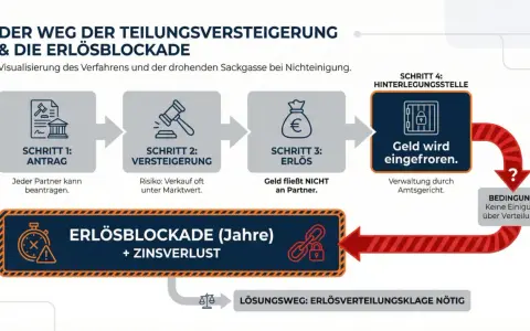 Der Weg der Teilungsversteigerung: Antrag, Versteigerung, Erlös wird eingefroren. Bei Nichteinigung droht Erlösblockade, Zugang zum Eigentum verweigert.