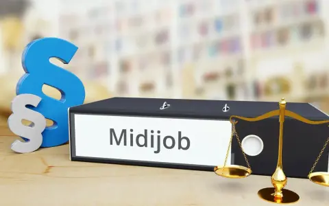Ein Ordner mit der Aufschrift "Midijob", daneben ein Paragrafenzeichen und eine Waage. Das Symbol für Recht und Ordnung, das die Regeln für einen Midijob verdeutlicht.