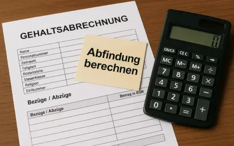 Gehaltsabrechnung mit Notiz "Abfindung berechnen" und Taschenrechner. Wichtig für die Berechnung der Abfindung bei einem Minijob.
