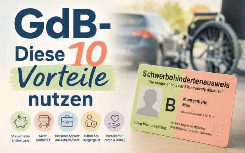 GdB-Vorteile nutzen: Steuerliche Entlastung, mehr Mobilität, besserer Schutz am Arbeitsplatz, Bürgergeld, Rente & Alltag. Schwerbehindertenausweis mit Zusatzurlaub.