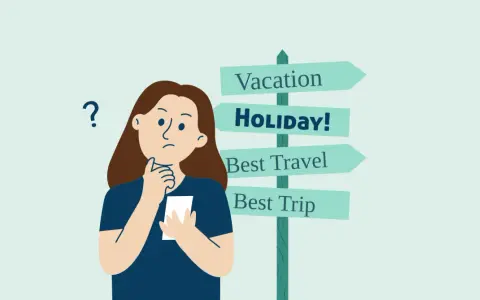 Frau überlegt, wohin sie im Urlaub in der Probezeit fahren soll. Ein Wegweiser zeigt "Vacation", "Holiday!", "Best Travel", "Best Trip".