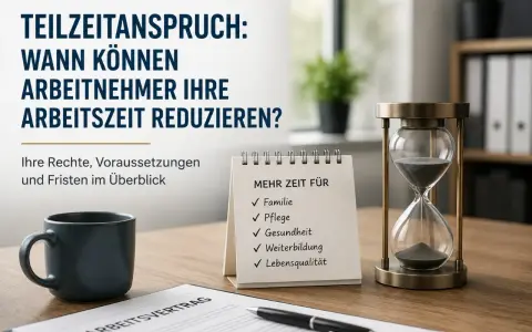 Ein Arbeitsvertrag, eine Kaffeetasse und eine Sanduhr symbolisieren den Wunsch, die Arbeitszeit zu reduzieren für mehr Zeit für Familie, Pflege, Gesundheit und Lebensqualität.