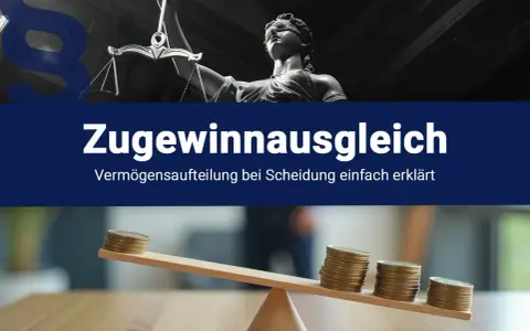 Waage der Gerechtigkeit und Münzstapel auf einer Wippe symbolisieren den **stichtag zugewinnausgleich** bei Scheidungen.