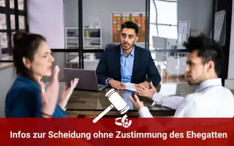 Streitendes Paar vor Anwalt. Kann man sich scheiden lassen wenn der Partner nicht will? Hier Infos zur Scheidung ohne Zustimmung des Ehegatten.