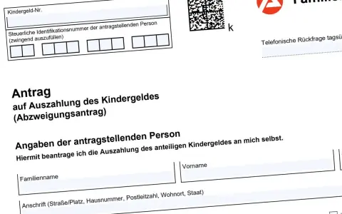 Antrag auf Auszahlung des Kindergeldes. Formular für den Abzweigungsantrag, relevant für den kinderfreibetrag 0, 5 oder 1.