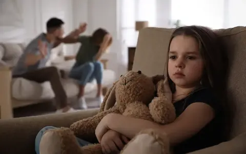 Ein trauriges Mädchen hält seinen Teddybär, während im Hintergrund Eltern streiten. Eine blitzscheidung ohne trennungsjahr hinterlässt Spuren.