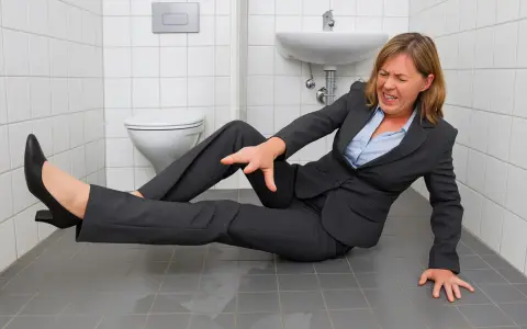 Frau im Anzug stürzt in der Toilette, ein typischer Arbeitsunfall. Sie hält sich den Arm und hat Schmerzen.