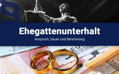 Zwei Eheringe liegen auf Euro-Scheinen. Die Justitia-Statue und ein Paragrafensymbol deuten auf rechtliche Aspekte wie nachehelicher Unterhalt Beispiele hin.