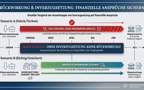 Szenario A: Ohne Inverzugsetzung keine Rückwirkung, Geld verloren. Szenario B: Ansprüche rückwirkend gesichert, Rückwirkung ab Januar möglich.