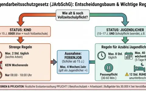 Entscheidungsbaum zum Jugendarbeitsschutzgesetz: Kinder (max. 2 Std. täglich, kein Wochenende) vs. Jugendliche (max. 8 Std. täglich, 40 Std. wöchentlich). Beachtet das Jugendschutzgesetz Arbeitszeiten.