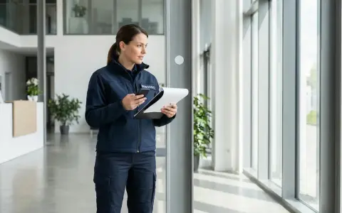 Sicherheitsmitarbeiterin mit Klemmbrett und Handy, bereit für ihre 12-Stunden-Schicht im Sicherheitsgewerbe.