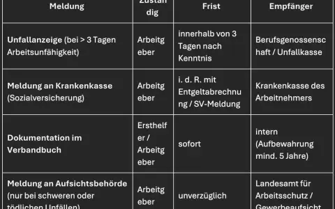Tabelle zeigt Meldungen bei Arbeitsunfällen, Zuständigkeiten und Fristen. Wichtig: Arbeitsunfall melden Frist beachten!