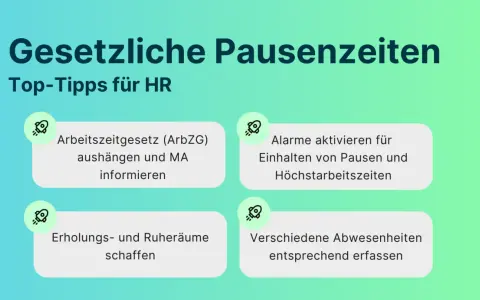 Top-Tipps für HR: Gesetzliche Pausenzeiten beachten, ArbZG aushängen, Alarme für Pausen setzen, Erholungsräume schaffen.