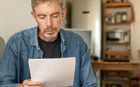 Ein Mann mit grau meliertem Haar und Bart blickt nachdenklich auf ein Dokument. Er sucht verzweifelt nach seinem Scheidungsurteil, das er verloren hat.