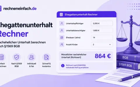 Ehegattenunterhalt Rechner: So berechnen Sie den nachehelichen Unterhalt nach §1569 BGB einfach und fair. Der Richtwert wird angezeigt.