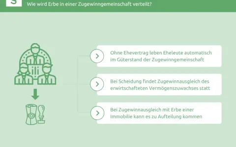 Infografik erklärt, wie Erbe bei Zugewinngemeinschaft verteilt wird. Legale Tricks Zugewinnausgleich bei Erbschaft, Scheidung oder Immobilien.