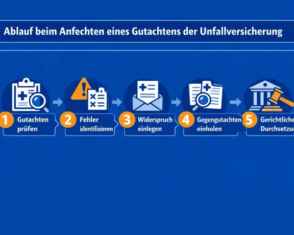 Schritte zur Anfechtung eines Gutachtens der Unfallversicherung: Gutachten prüfen, Fehler identifizieren, Widerspruch einlegen, Gegengutachten einholen, gerichtliche Durchsetzung. Nützliche Tipps für Ihr Gutachten.