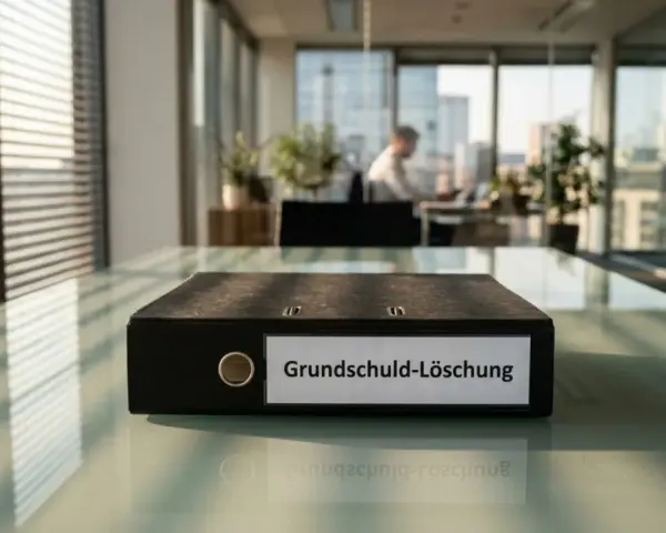 Ordner "Grundschuld-Löschung" auf einem Schreibtisch. Informationen zu ex-partner aus dem grundbuch austragen kosten.