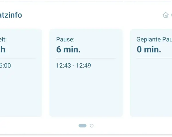 Einsatzinfo: 5:04h Arbeitszeit (10-16h), 6min Pause (12:43-12:49), 0min geplante Pausen. Die Pausenregelung der Arbeitszeit wird angezeigt.