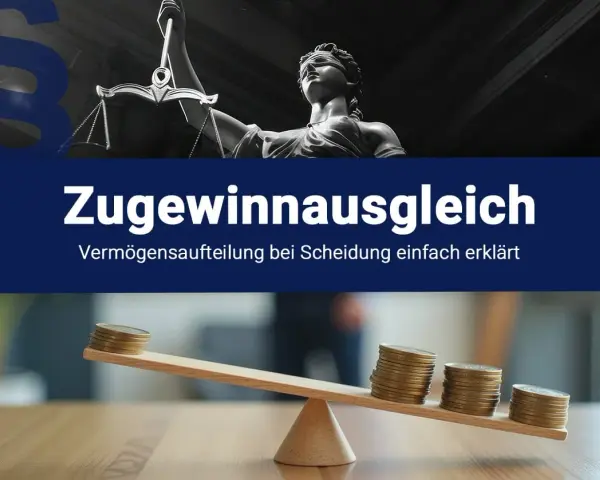 Waage der Gerechtigkeit und Münzstapel auf einer Wippe symbolisieren den **stichtag zugewinnausgleich** bei Scheidungen.