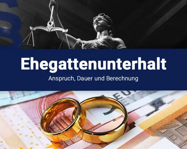 Zwei Eheringe liegen auf Euro-Scheinen. Die Justitia-Statue und ein Paragrafensymbol deuten auf rechtliche Aspekte wie nachehelicher Unterhalt Beispiele hin.