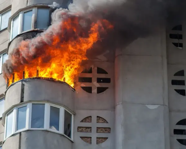 Flammen schlagen aus einem Balkon eines Wohnhauses. Ein Wohnungsbrand kann schnell passieren, eine gute wohnungsbrand versicherung ist wichtig.