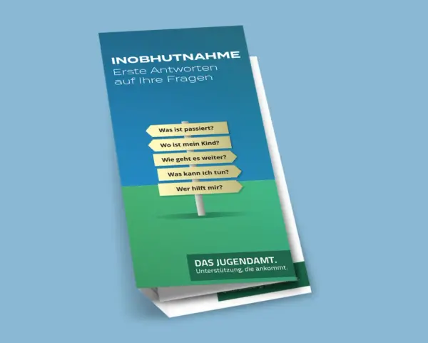 Broschüre "Inobhutnahme" mit Fragen wie "Wo ist mein Kind?". Das Jugendamt bietet Unterstützung, falls jemand Unterhalt verweigern will.
