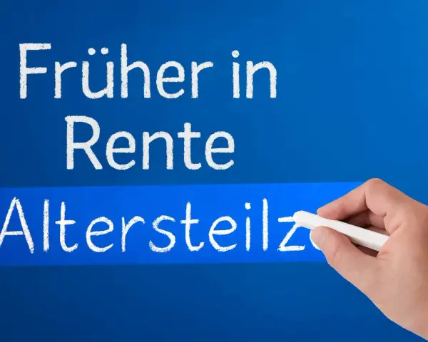 Hand schreibt "Altersteilzeit" auf einer blauen Tafel. Der Text darüber lautet "Früher in Rente". Die Vor- und Nachteile der Altersteilzeit werden thematisiert.