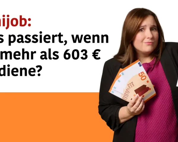 Frau mit Geld und Kalender fragt: "Minijob: Was passiert, wenn ich mehr als 603 € verdiene?" – Infos zu Minijob, Urlaubsgeld & Co.