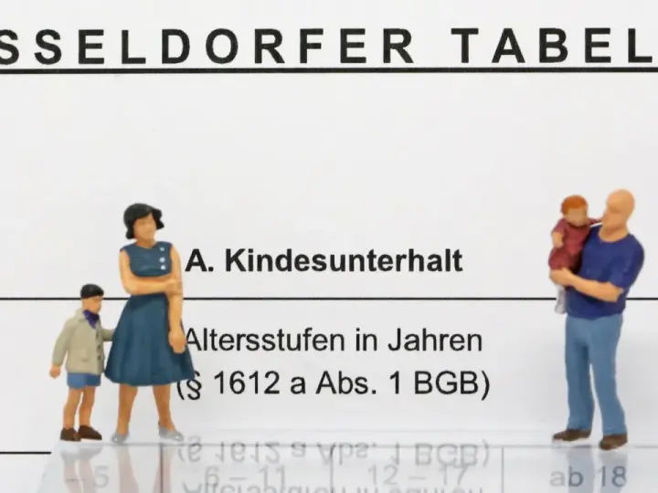 Düsseldorfer Tabelle: Was passiert, wenn ich keinen Unterhalt zahlen kann? Figuren stellen Familie dar, die sich mit Kindesunterhalt befasst.