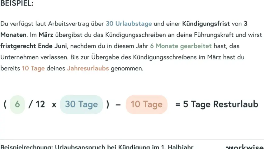 Beispielrechnung: Urlaubsanspruch bei Kündigung. Nach 6 Monaten Arbeit und 10 Urlaubstagen bleiben 5 Tage Resturlaub.