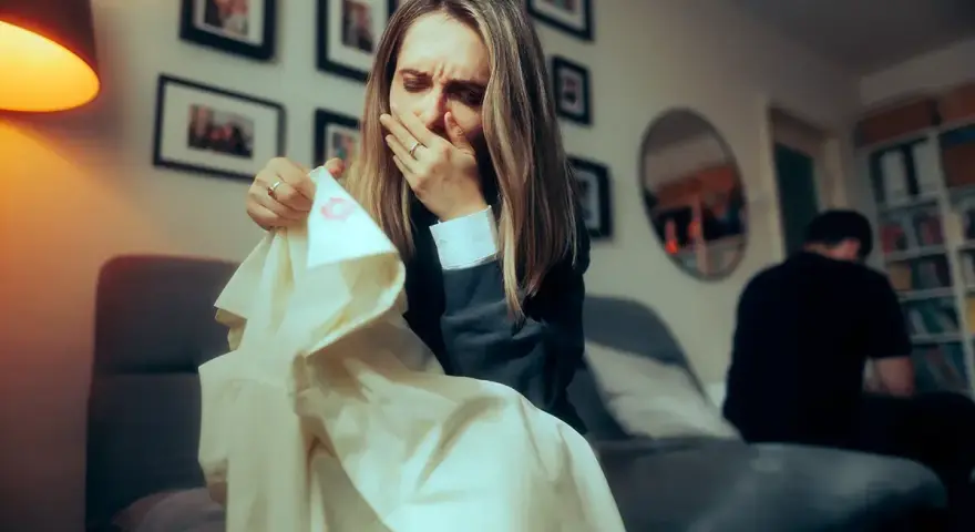 Verzweifelte Frau mit Lippenstiftabdruck auf Kleidung, die auf Ehebruch und möglichen Schadensersatz hindeutet. Ein Mann sitzt im Hintergrund.