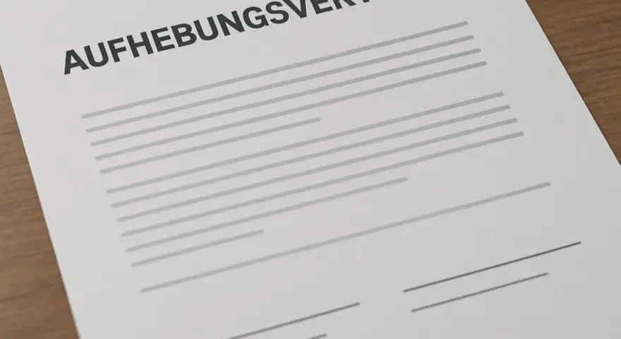 Ein Muster für einen Aufhebungsvertrag, der krankheitsbedingt genutzt werden kann. Das Dokument liegt auf einem Holztisch.
