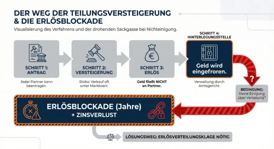 Der Weg der Teilungsversteigerung: Antrag, Versteigerung, Erlös wird eingefroren. Bei Nichteinigung droht Erlösblockade, Zugang zum Eigentum verweigert.