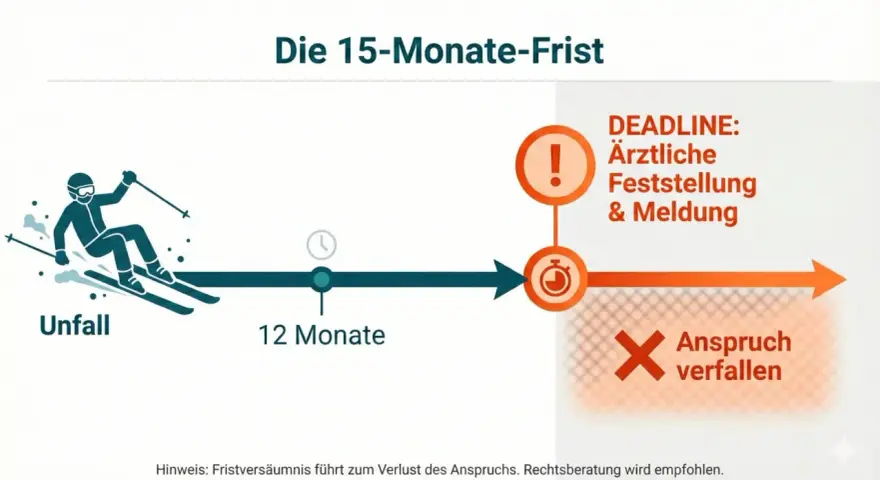 Schema zur 15-Monate-Frist nach einem Unfall. Nach 12 Monaten ist eine ärztliche Feststellung und Meldung für die Unfallversicherung und Schmerzensgeld nötig, sonst verfällt der Anspruch.