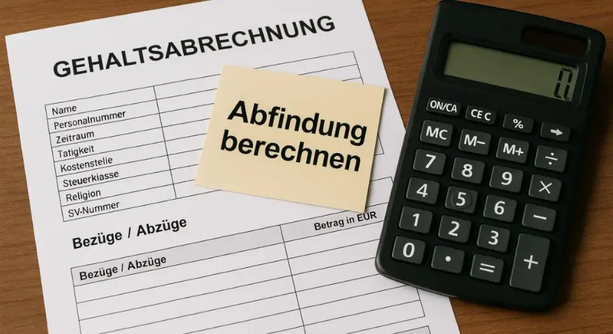 Gehaltsabrechnung mit Notiz "Abfindung berechnen" und Taschenrechner. Wichtig für die Berechnung der Abfindung bei einem Minijob.