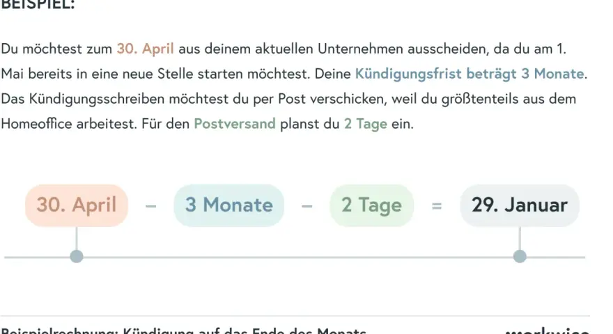 Beispiel: Kündigung zum 30. April bei 3 Monaten Kündigungsfrist und 2 Tagen Postlaufzeit. Dies entspricht dem §622 BGB.