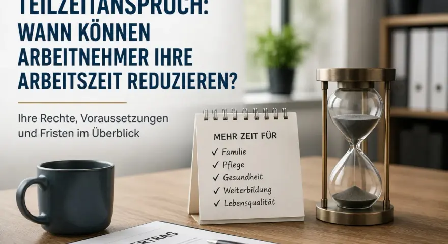 Ein Arbeitsvertrag, eine Kaffeetasse und eine Sanduhr symbolisieren den Wunsch, die Arbeitszeit zu reduzieren für mehr Zeit für Familie, Pflege, Gesundheit und Lebensqualität.
