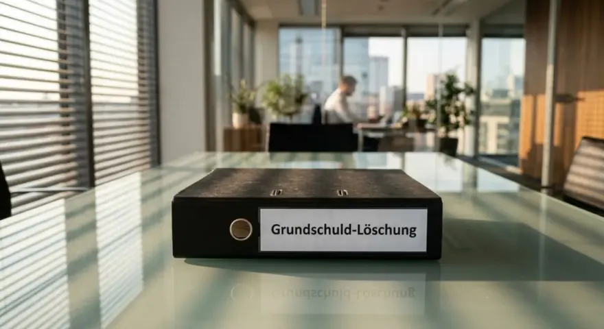 Ordner "Grundschuld-Löschung" auf einem Schreibtisch. Informationen zu ex-partner aus dem grundbuch austragen kosten.