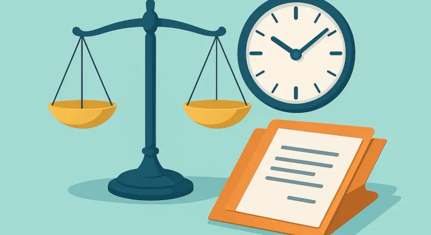 Waage, Uhr und Dokumente symbolisieren die sorgfältige Prüfung eines Antrags auf Teilzeit.