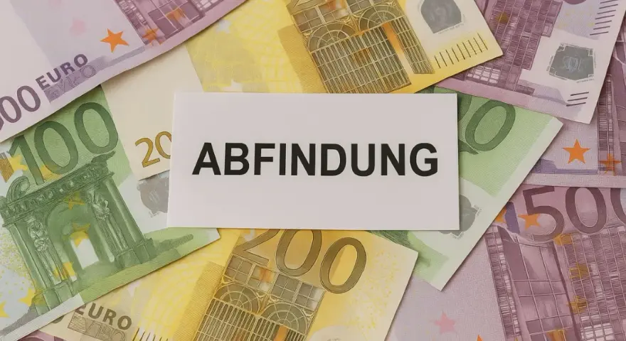 Euro-Scheine liegen unter einem Zettel mit dem Wort "Abfindung". Vielleicht eine finanzielle Unterstützung für jemanden, der mit 64 Jahren in den Ruhestand geht.