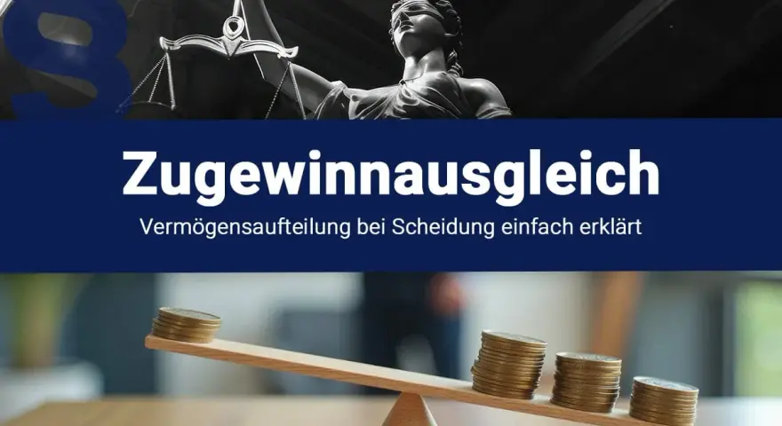 Waage der Gerechtigkeit und Münzstapel auf einer Wippe symbolisieren den **stichtag zugewinnausgleich** bei Scheidungen.