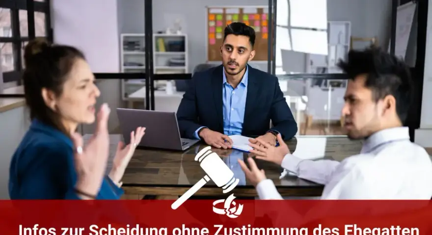 Streitendes Paar vor Anwalt. Kann man sich scheiden lassen wenn der Partner nicht will? Hier Infos zur Scheidung ohne Zustimmung des Ehegatten.