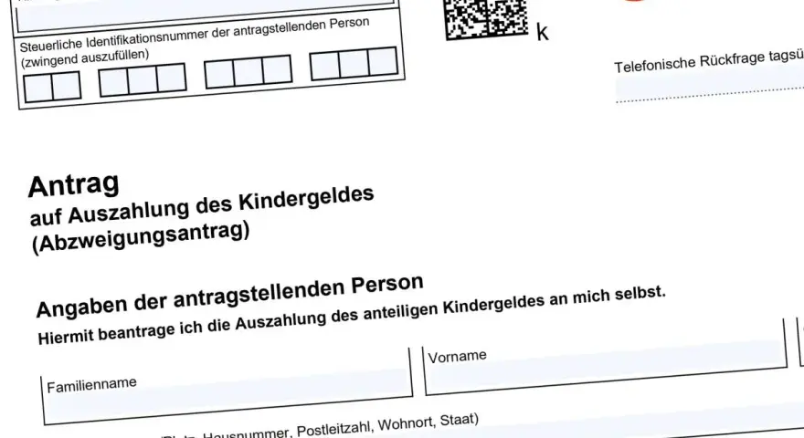 Antrag auf Auszahlung des Kindergeldes. Formular für den Abzweigungsantrag, relevant für den kinderfreibetrag 0, 5 oder 1.