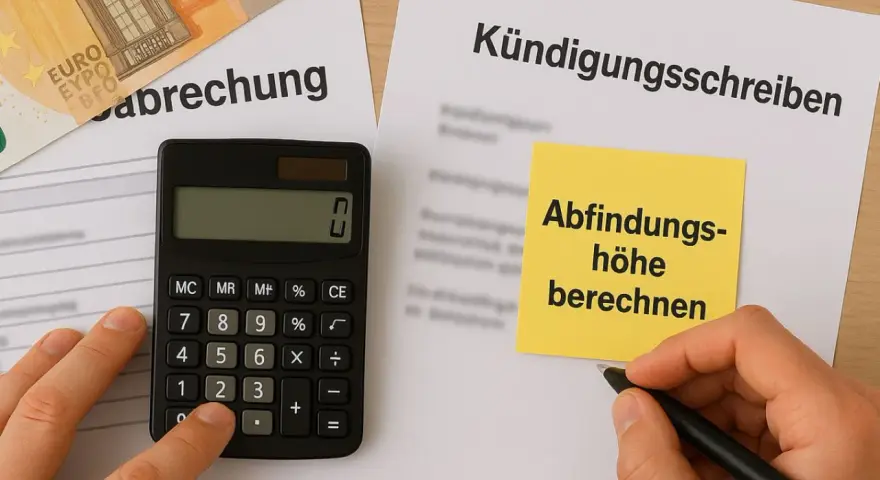 Kündigungsschreiben mit Notiz "Abfindungshöhe berechnen", Taschenrechner und Euro-Scheinen. Berechnung der Abfindung für einen Kleinbetrieb.