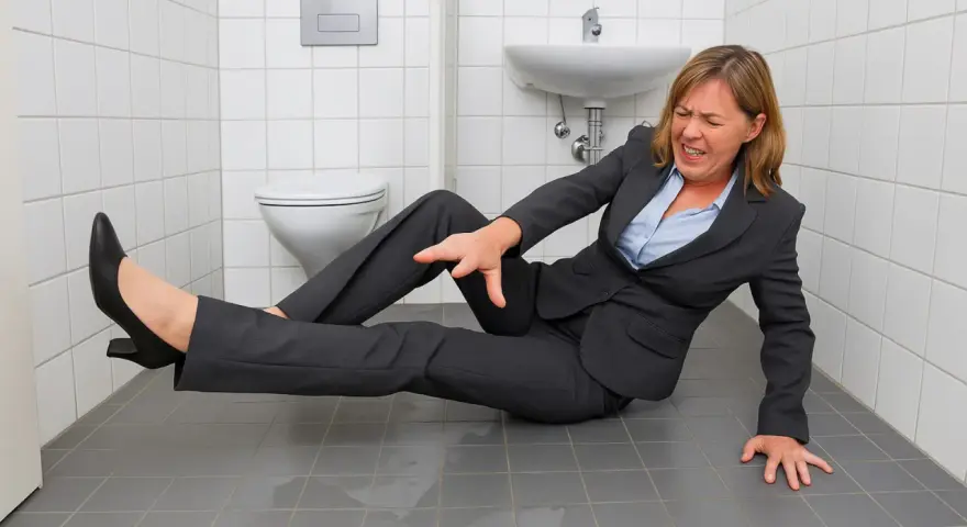 Frau im Anzug stürzt in der Toilette, ein typischer Arbeitsunfall. Sie hält sich den Arm und hat Schmerzen.