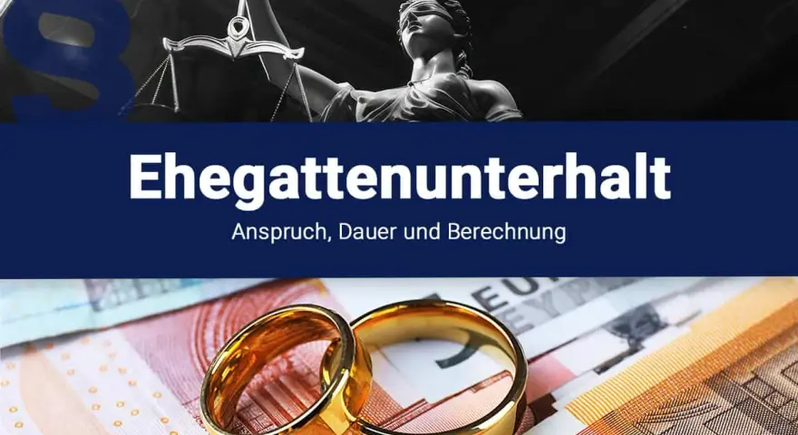 Zwei Eheringe liegen auf Euro-Scheinen. Die Justitia-Statue und ein Paragrafensymbol deuten auf rechtliche Aspekte wie nachehelicher Unterhalt Beispiele hin.